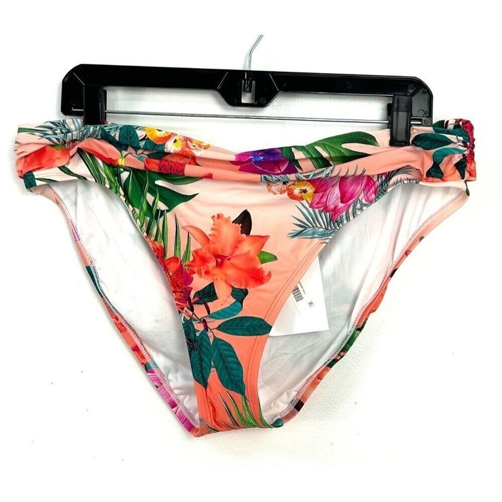 New La Blanca Bikini Swimsuit Bottom Women 16  Tropical Rain Shirred Band Coral‎